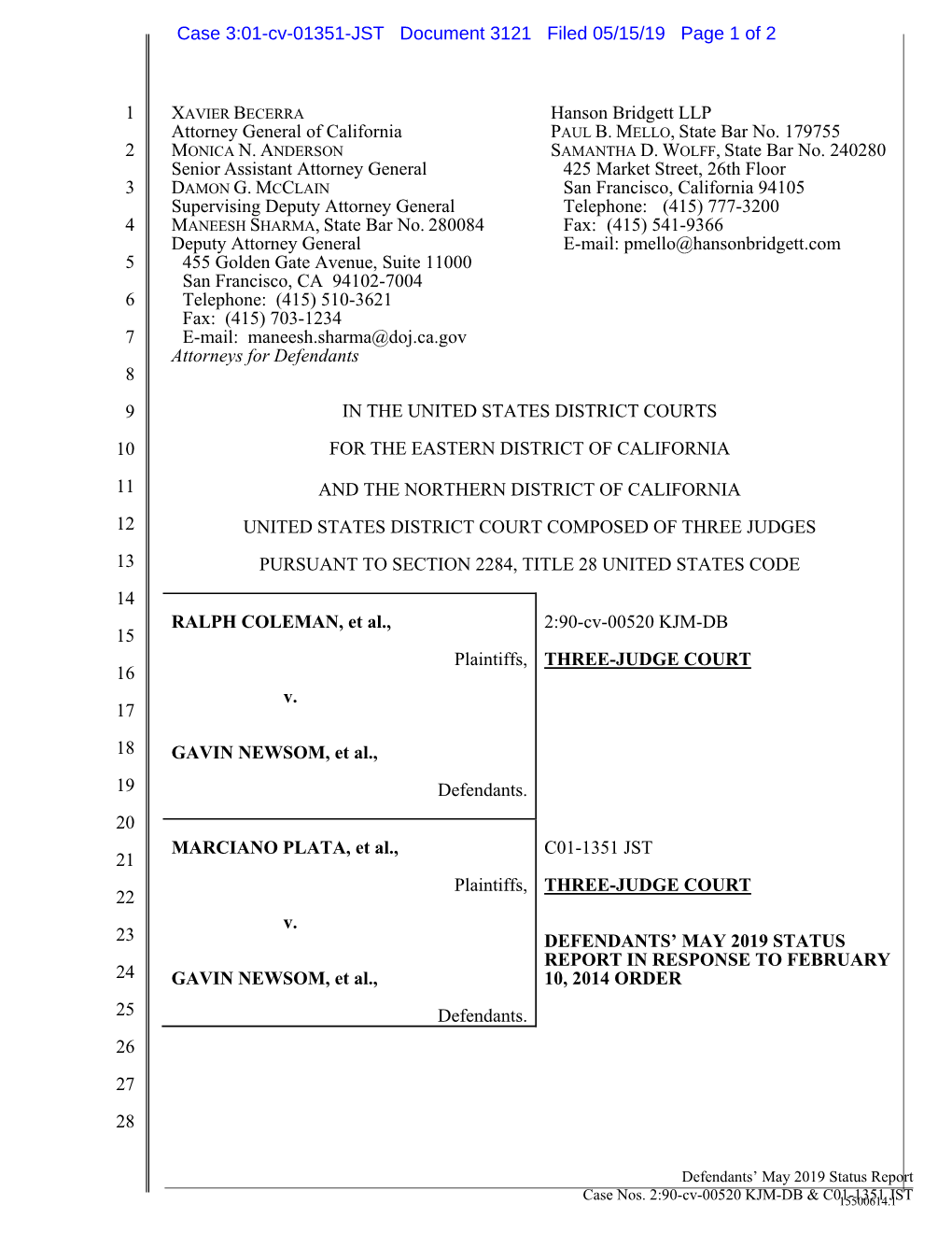 Case 3:01-Cv-01351-JST Document 3121 Filed 05/15/19 Page 1 of 2