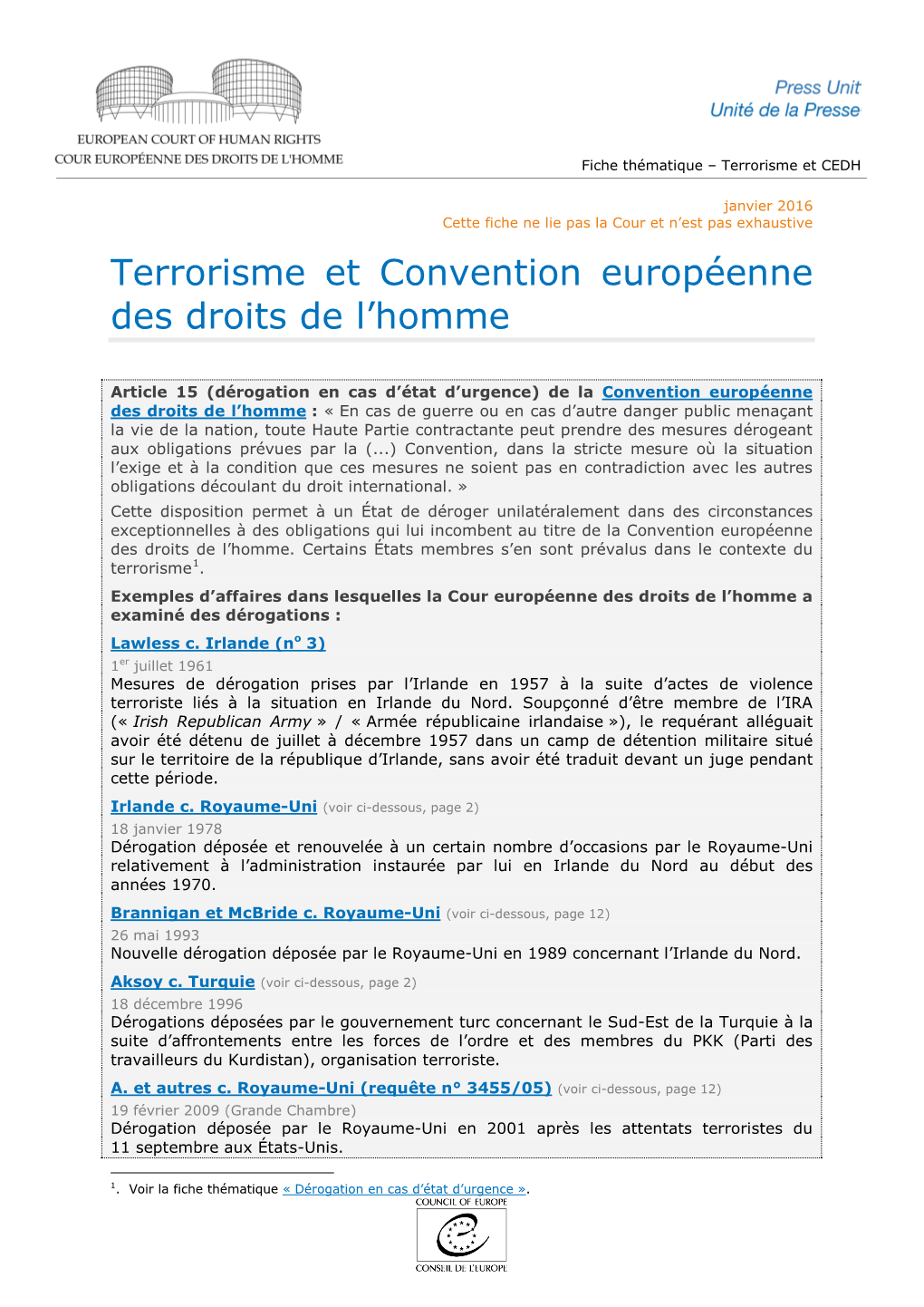 Terrorisme Et Convention Européenne Des Droits De L'homme