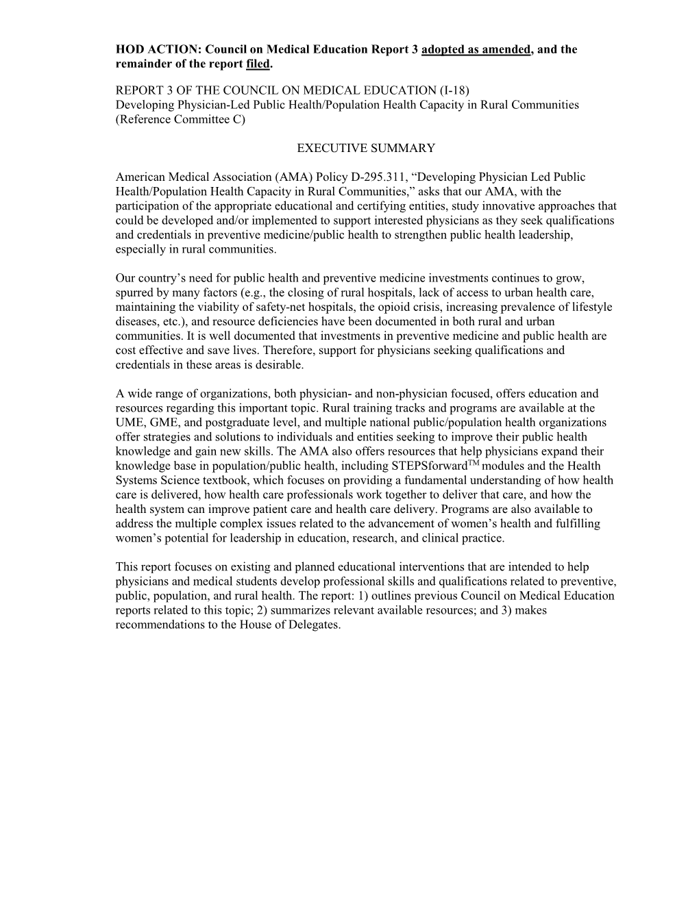 Developing Physician-Led Public Health/Population Health Capacity in Rural Communities (Reference Committee C)