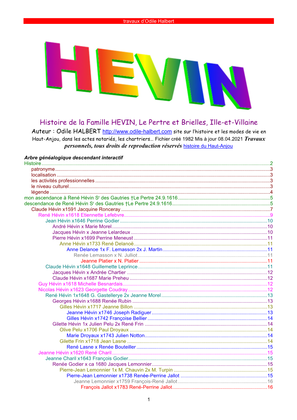 Histoire De La Famille HEVIN, Le Pertre Et Brielles, Ille-Et-Villaine