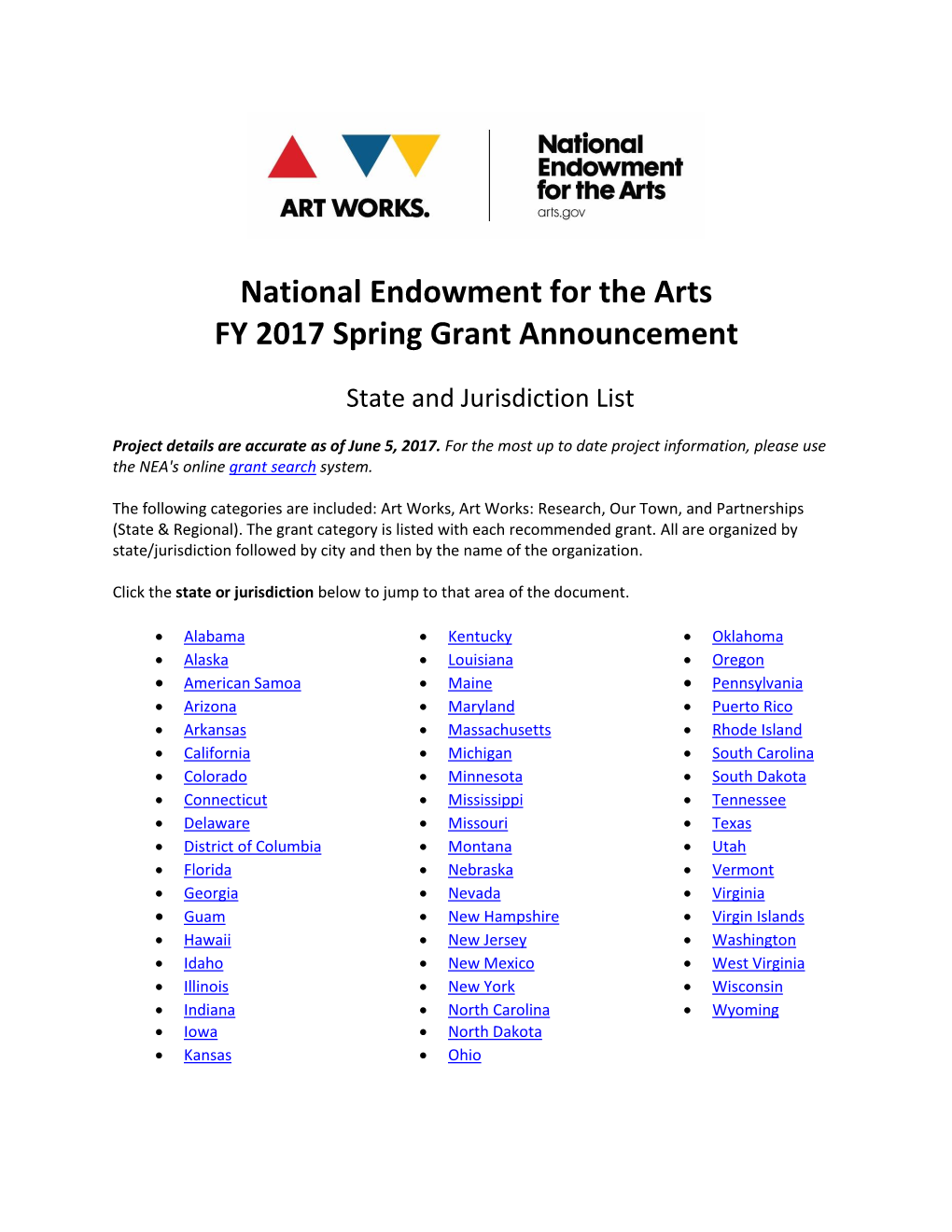 National Endowment for the Arts FY 2017 Spring Grant Announcement