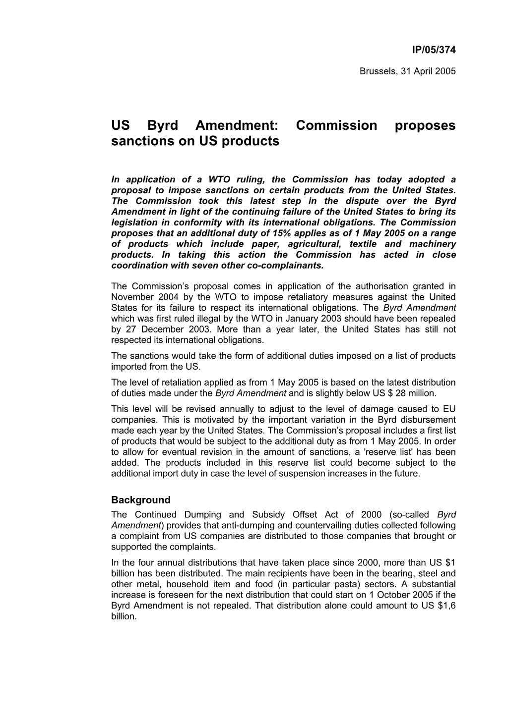 US Byrd Amendment: Commission Proposes Sanctions on US Products