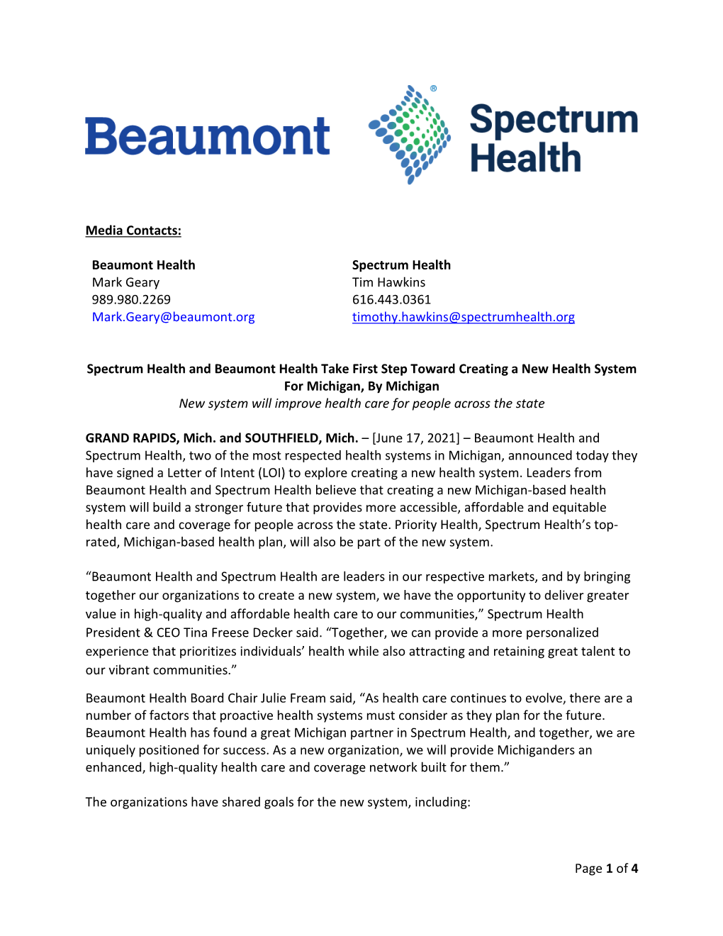 Page 1 of 4 Media Contacts: Beaumont Health Mark Geary