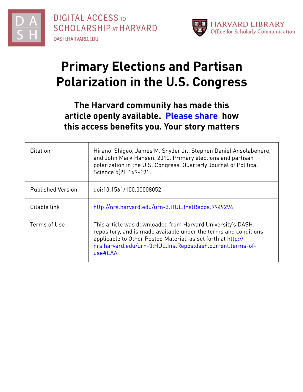 Primary Elections and Partisan Polarization in the U.S. Congress