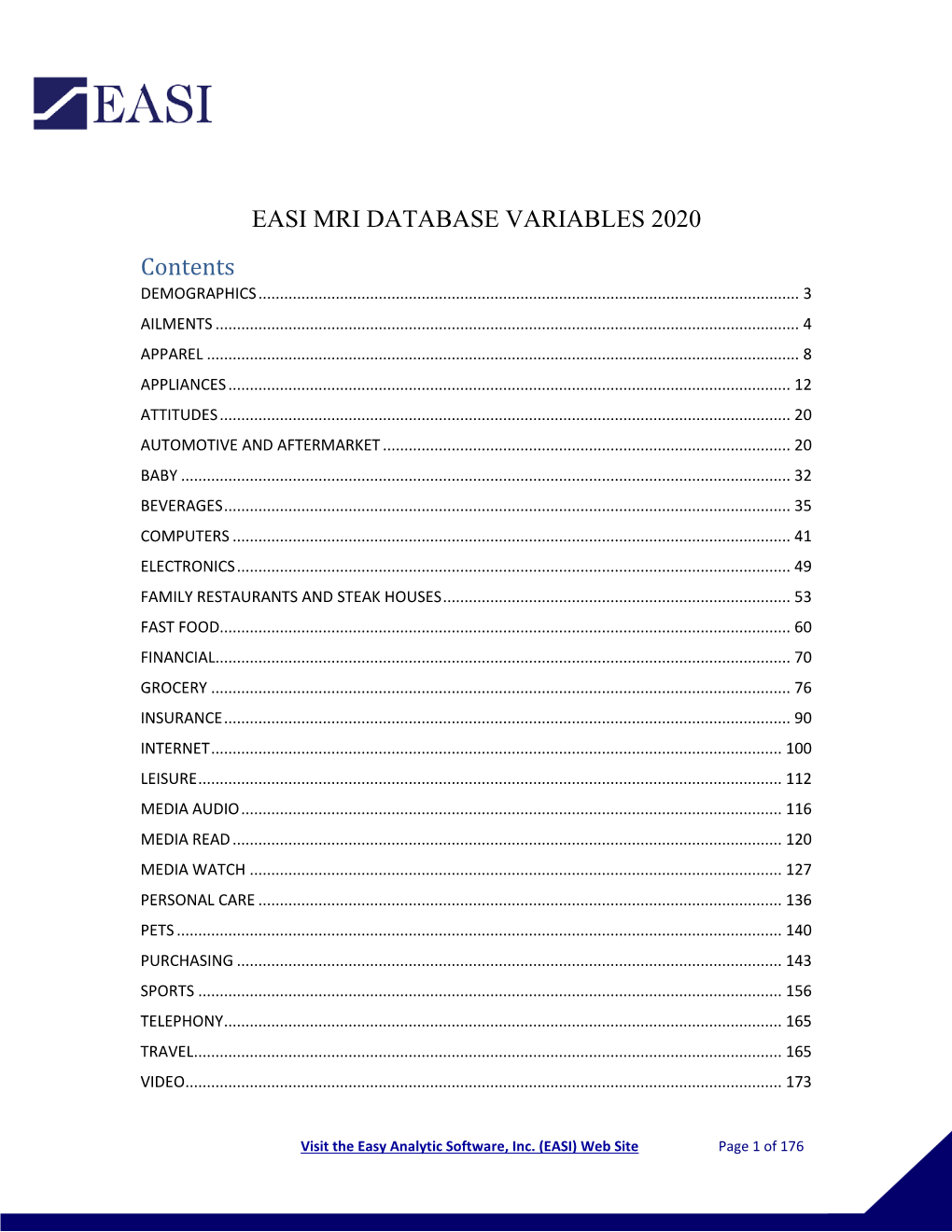 EASI MRI DATABASE VARIABLES 2020 Contents DEMOGRAPHICS