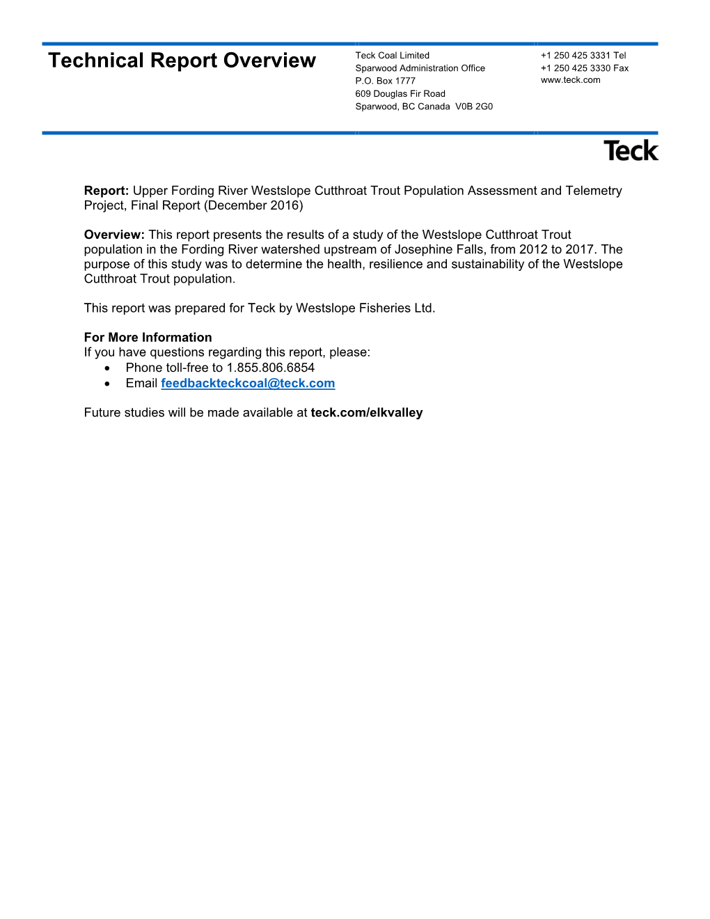 Upper Fording River Westslope Cutthroat Trout Population Assessment and Telemetry Project, Final Report (December 2016)