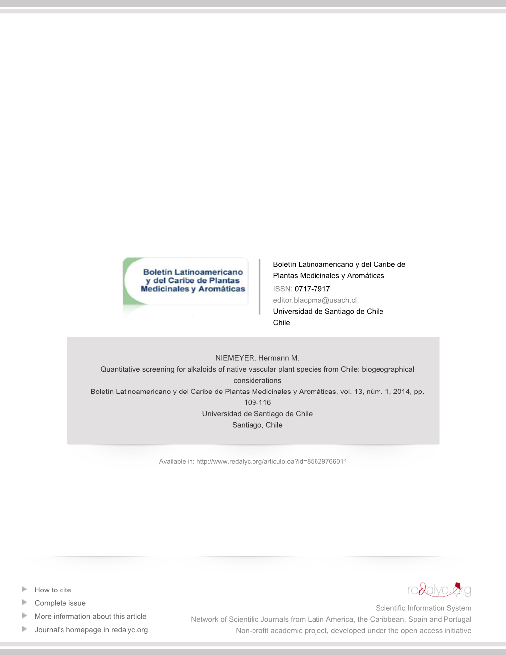 Redalyc.Quantitative Screening for Alkaloids of Native Vascular Plant