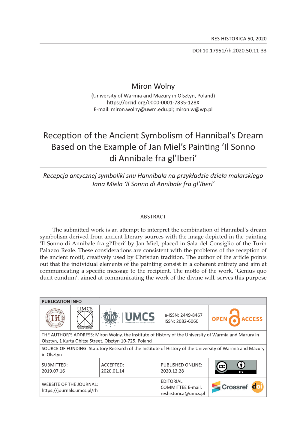 Reception of the Ancient Symbolism of Hannibal's Dream Based on the Example of Jan Miel's Painting 'Il Sonno Di Annibale F