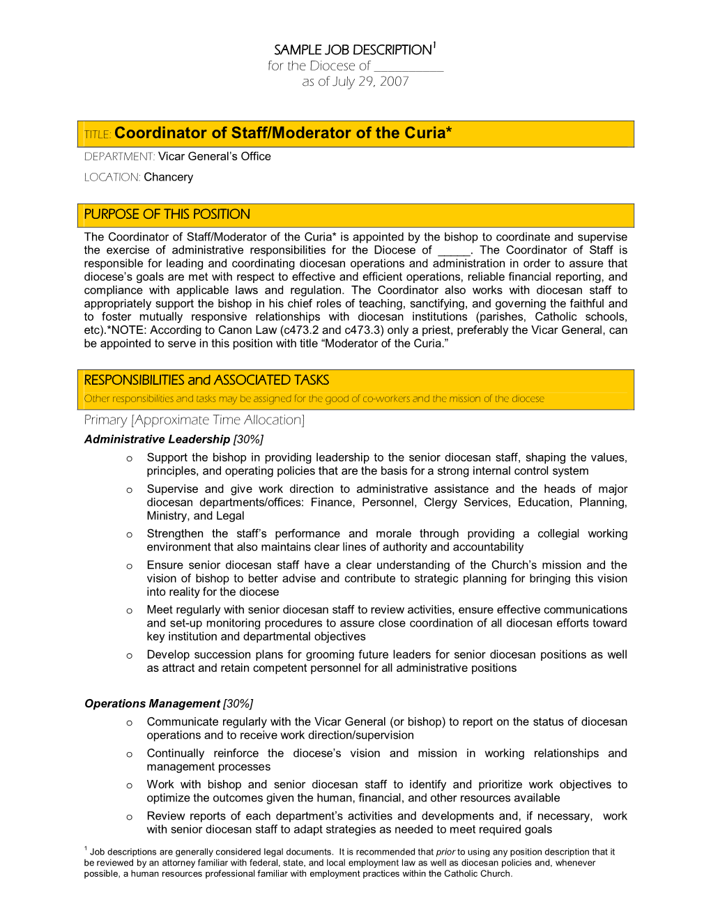 Coordinator of Staff/Moderator of the Curia* DEPARTMENT: Vicar General’S Office LOCATION: Chancery