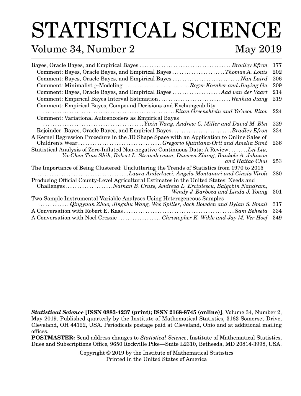 STATISTICAL SCIENCE Volume 34, Number 2 May 2019