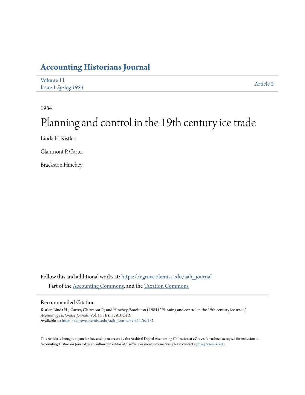 Planning and Control in the 19Th Century Ice Trade Linda H