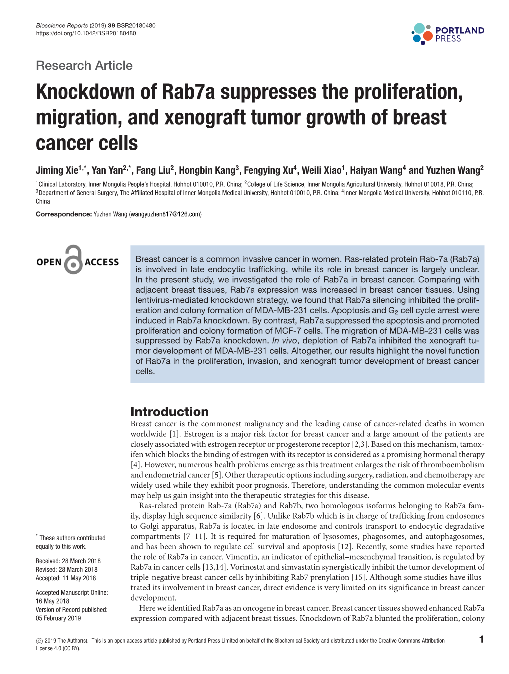 Knockdown of Rab7a Suppresses the Proliferation, Migration, and Xenograft Tumor Growth of Breast Cancer Cells