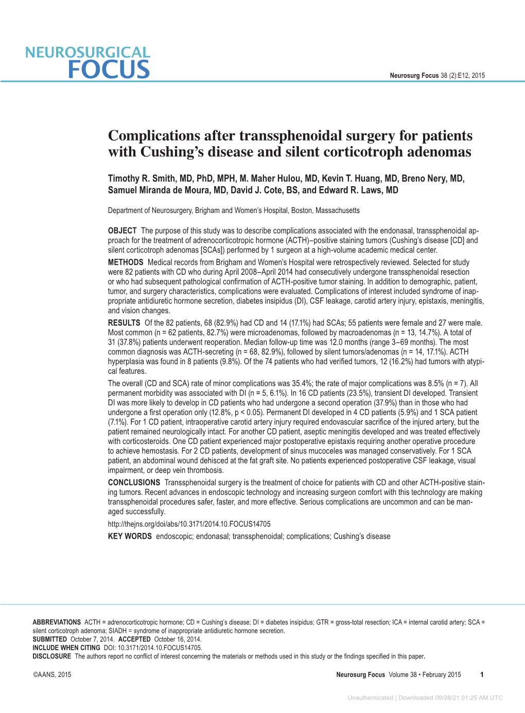 Complications After Transsphenoidal Surgery for Patients with Cushing’S Disease and Silent Corticotroph Adenomas