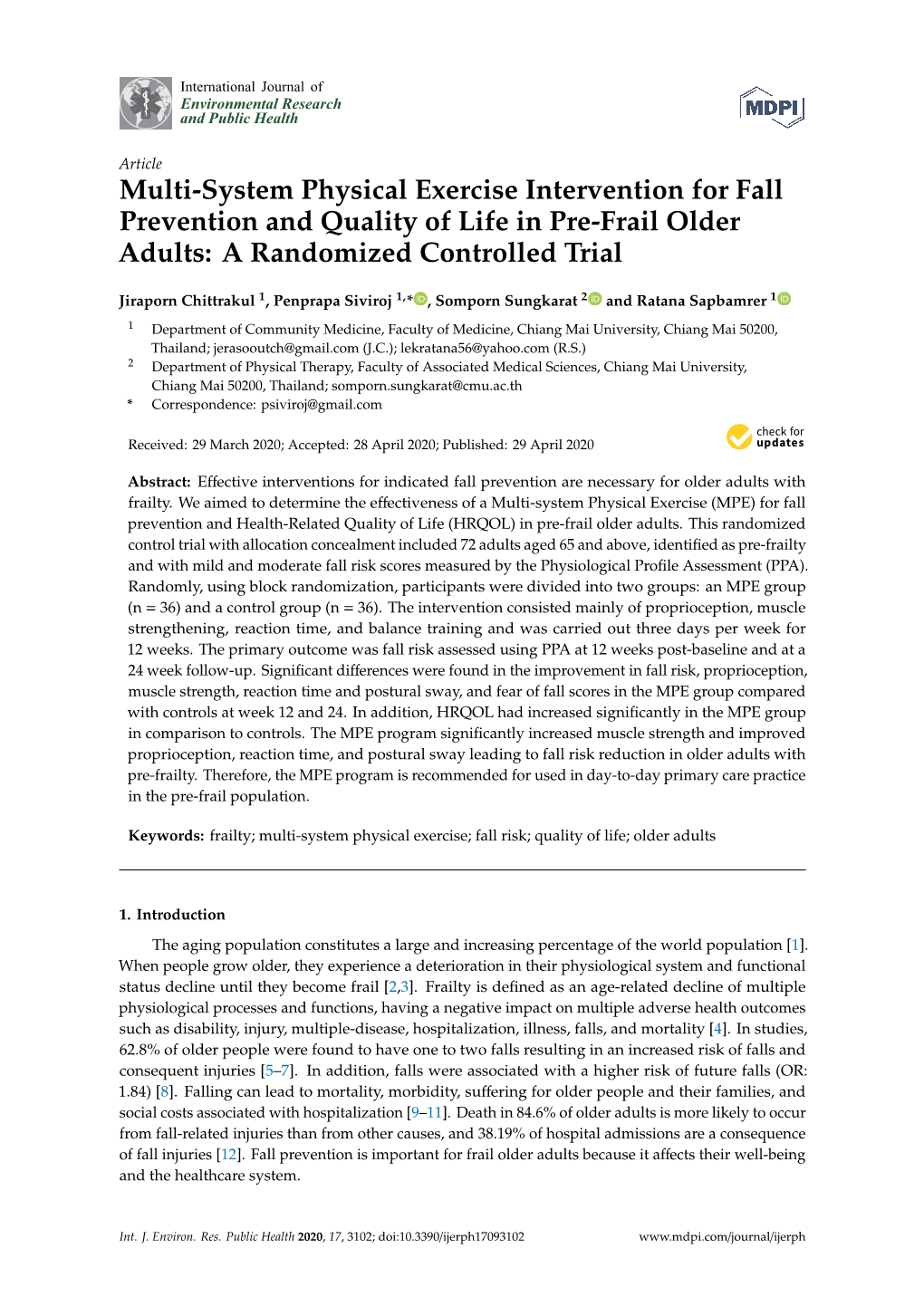 Multi-System Physical Exercise Intervention for Fall Prevention and Quality of Life in Pre-Frail Older Adults: a Randomized Controlled Trial