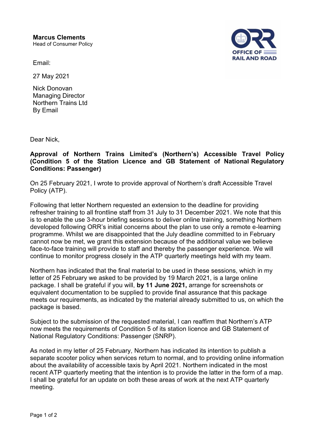 Northern Trains Limited's Accessible Travel Policy Approval Decision Letter and Documents at 27 May 2021