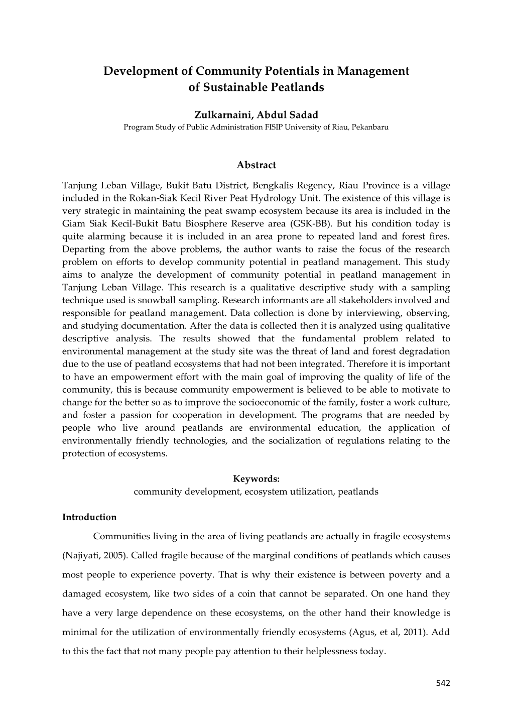 Development of Community Potentials in Management of Sustainable Peatlands