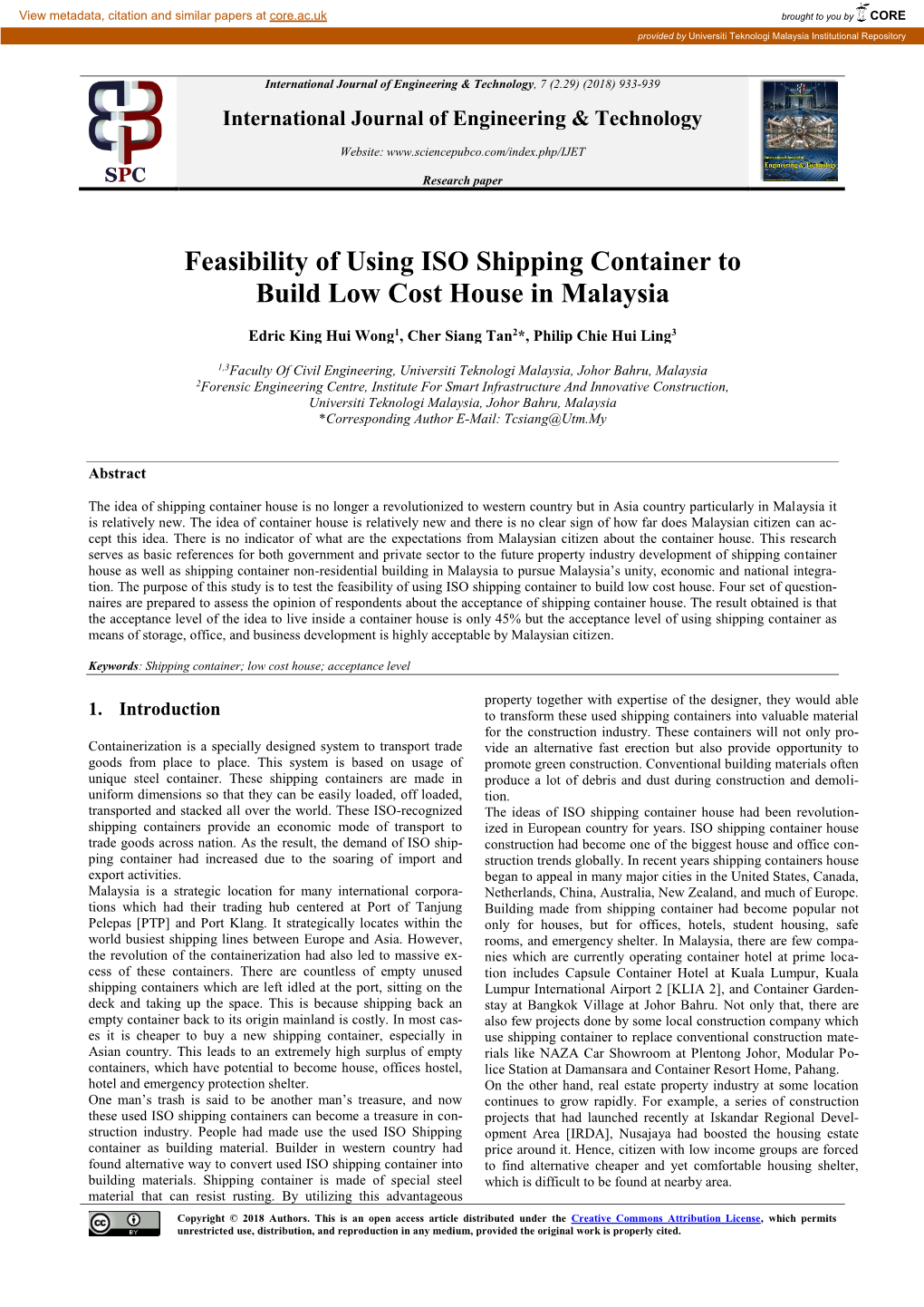 Feasibility of Using ISO Shipping Container to Build Low Cost House in Malaysia