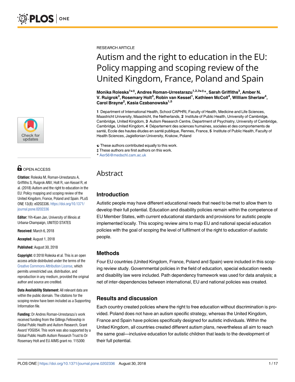 Autism and the Right to Education in the EU: Policy Mapping and Scoping Review of the United Kingdom, France, Poland and Spain