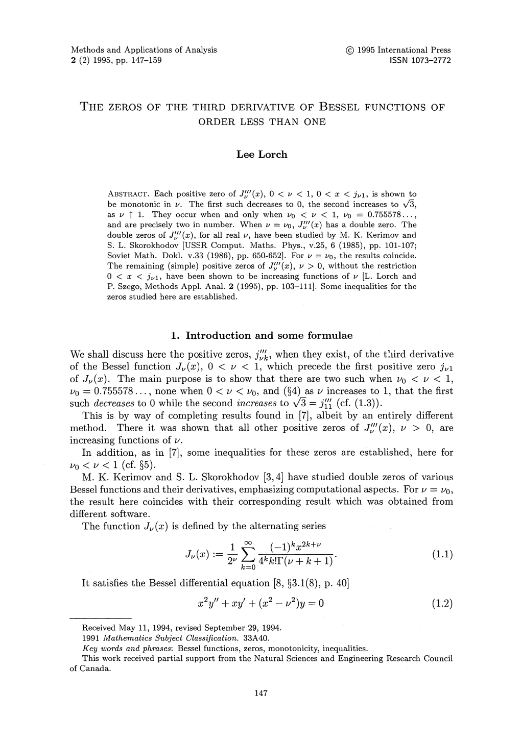 Lee Lorch 1. Introduction and Some Formulae We Shall Discuss Here The