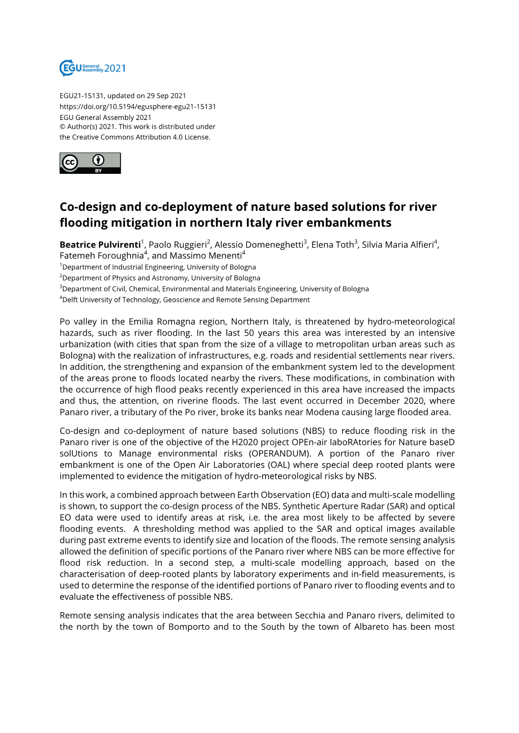 Co-Design and Co-Deployment of Nature Based Solutions for River Flooding Mitigation in Northern Italy River Embankments