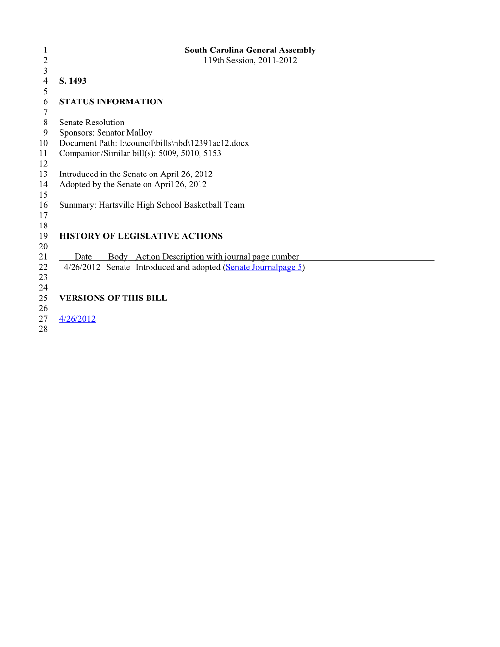 2011-2012 Bill 1493: Hartsville High School Basketball Team - South Carolina Legislature Online
