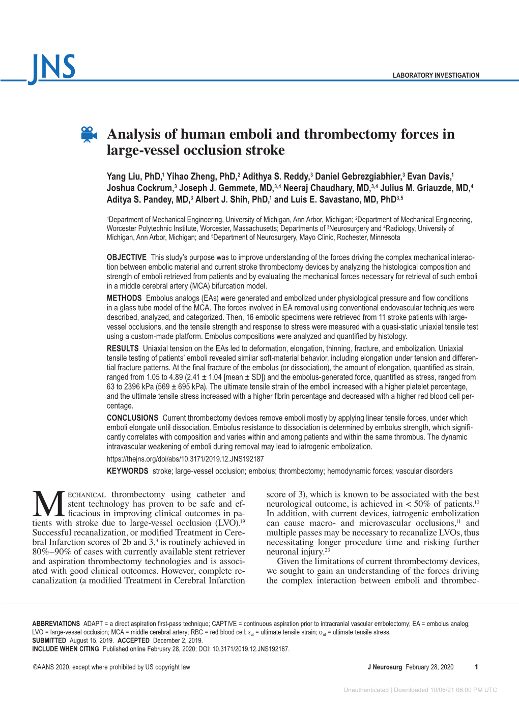 Analysis of Human Emboli and Thrombectomy Forces in Large-Vessel Occlusion Stroke