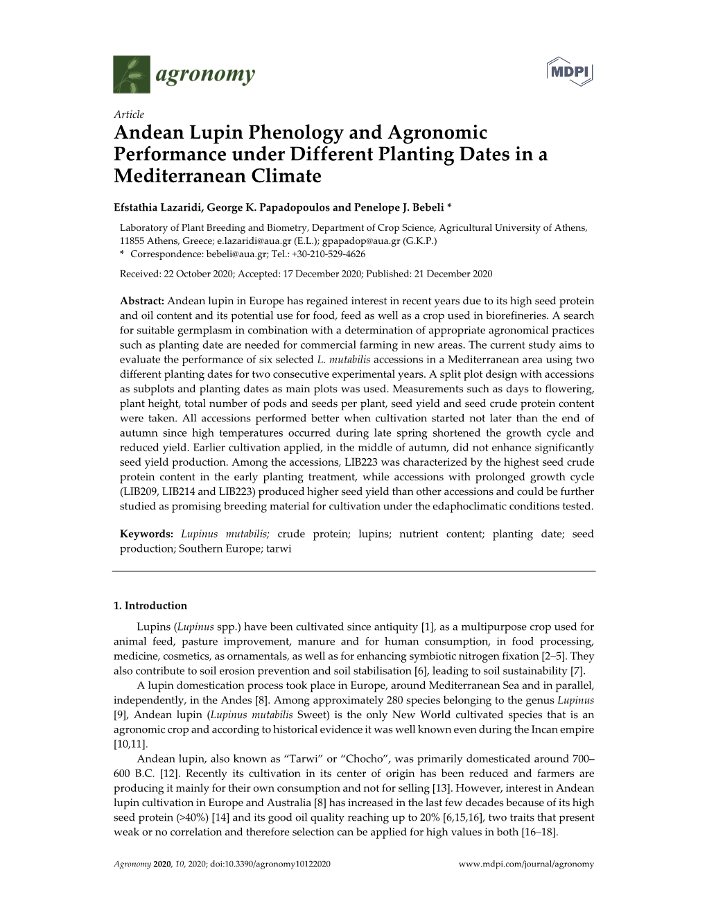 Andean Lupin Phenology and Agronomic Performance Under Different Planting Dates in a Mediterranean Climate