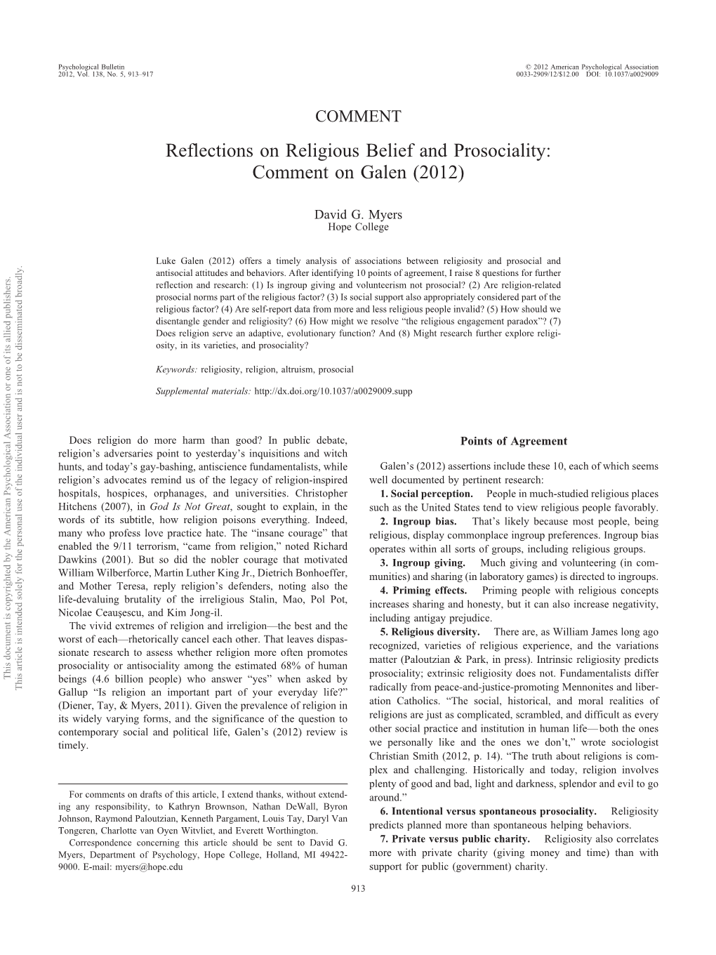 Reflections on Religious Belief and Prosociality: Comment on Galen (2012)