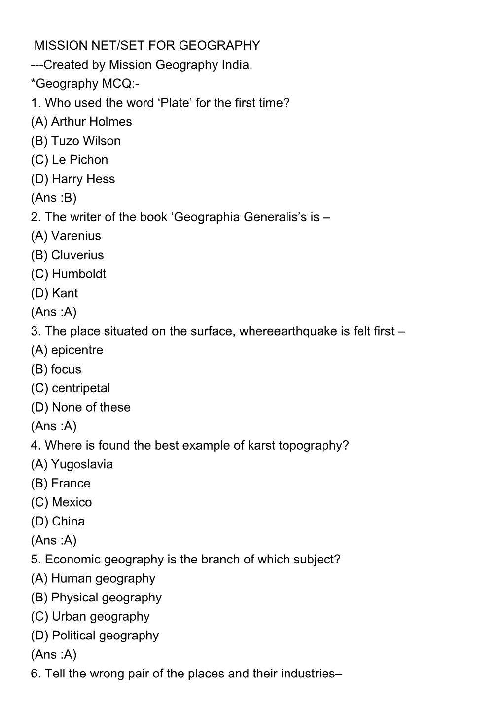 MISSION NET/SET for GEOGRAPHY ---Created by Mission Geography India. *Geography MCQ:- 1. Who Used the Word 'Plate' for the F