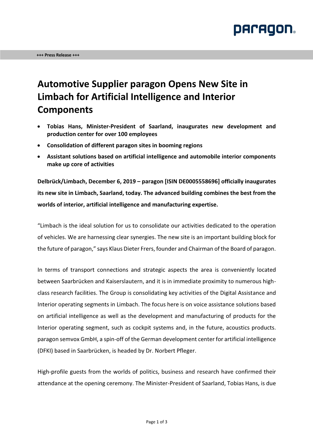 Automotive Supplier Paragon Opens New Site in Limbach for Artificial Intelligence and Interior Components