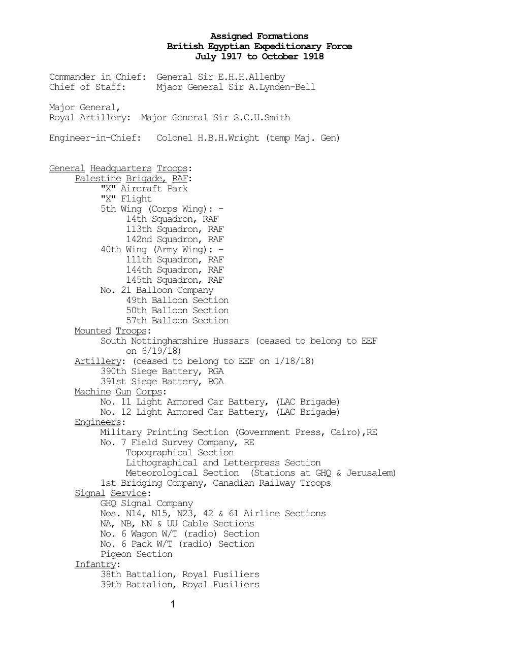 Assigned Formations British Egyptian Expeditionary Force July 1917 to October 1918