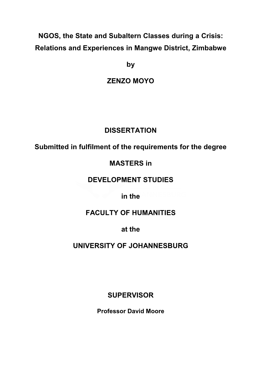 NGOS, the State and Subaltern Classes During a Crisis: Relations and Experiences in Mangwe District, Zimbabwe