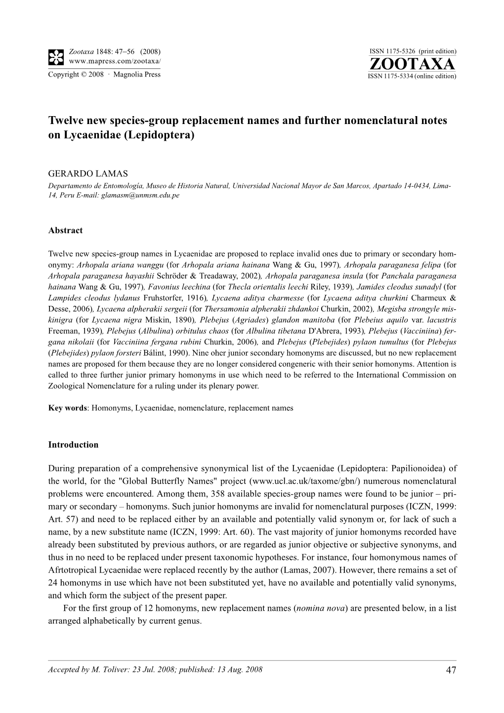 Zootaxa, Twelve New Species-Group Replacement