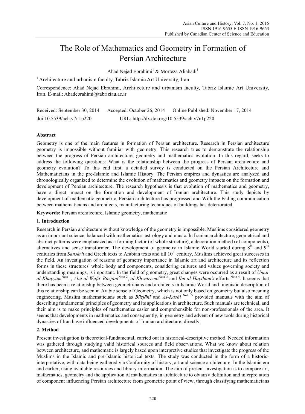 The Role of Mathematics and Geometry in Formation of Persian Architecture