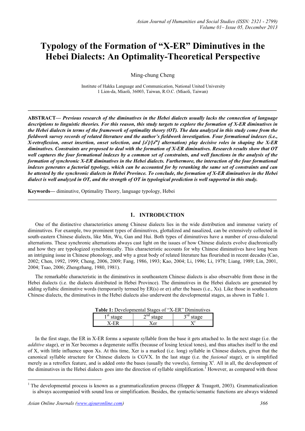 “X-ER” Diminutives in the Hebei Dialects: an Optimality-Theoretical Perspective