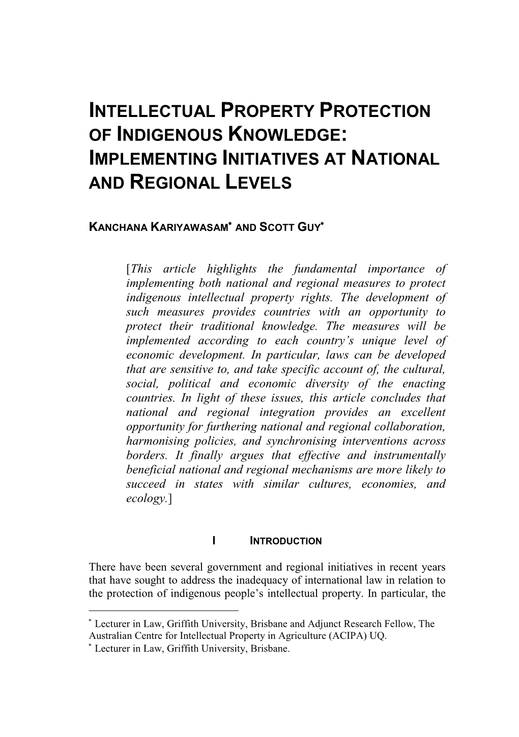 Intellectual Property Protection of Indigenous Knowledge: Implementing Initiatives at National and Regional Levels