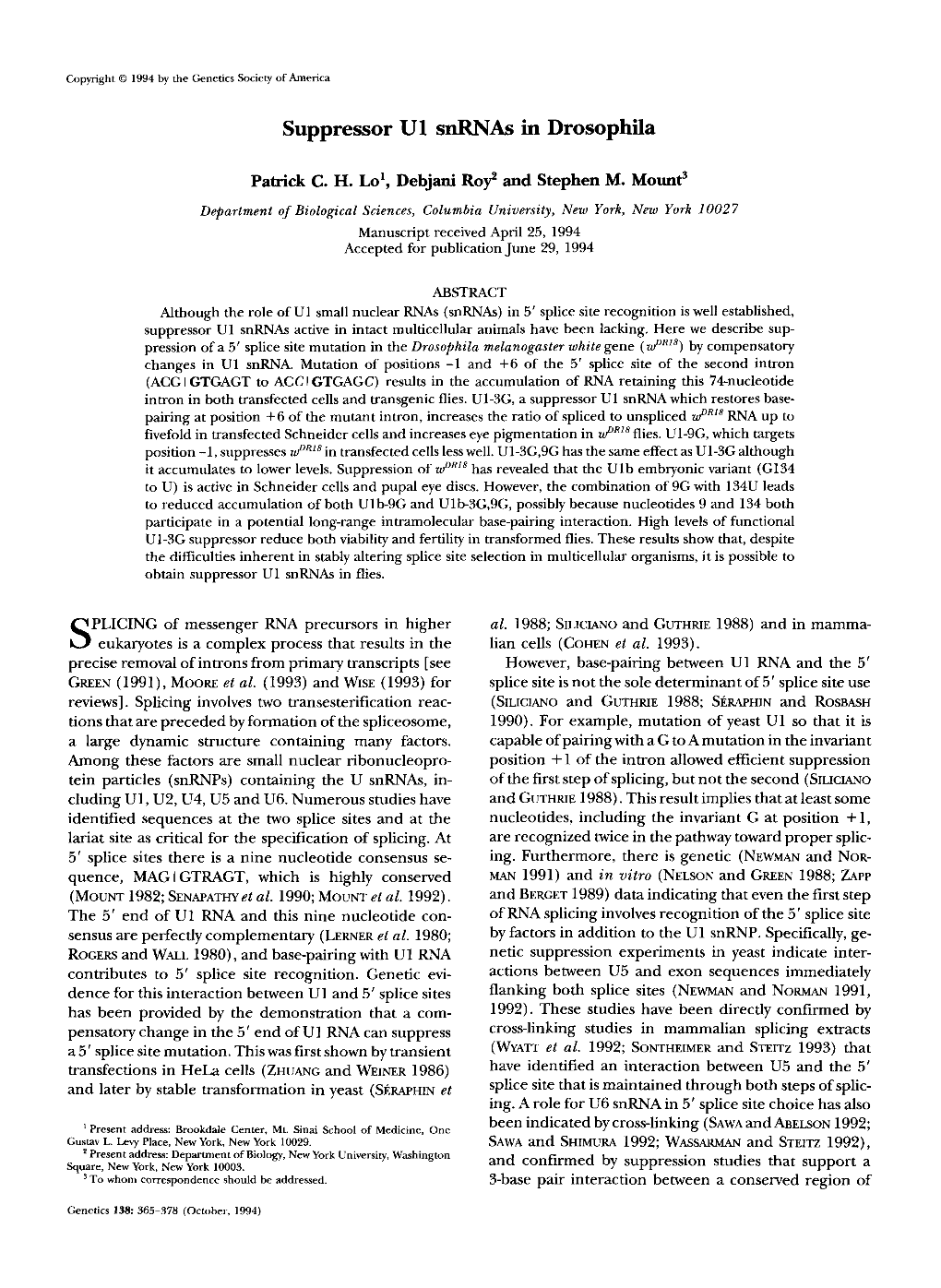 Suppressor U1 Snrnas in Drosophila