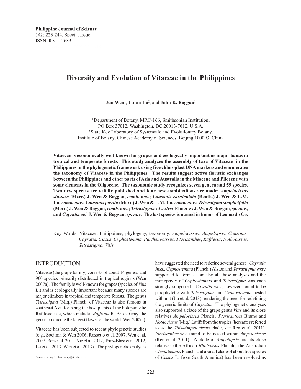 Diversity and Evolution of Vitaceae in the Philippines