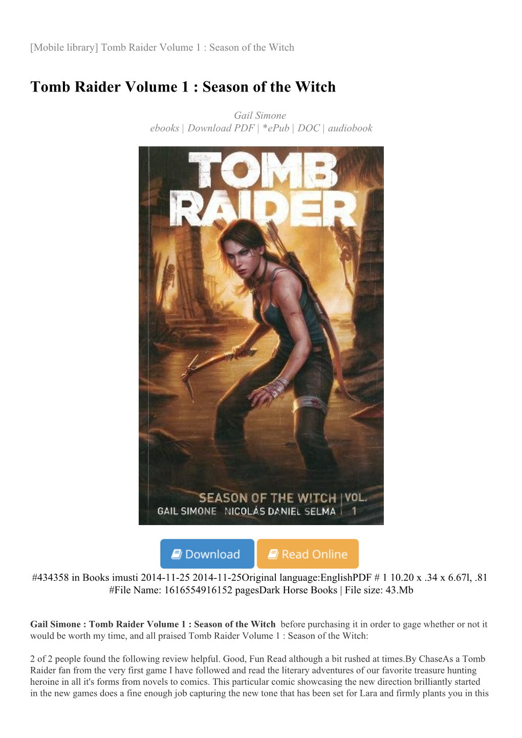 Tomb Raider Volume 1 : Season of the Witch