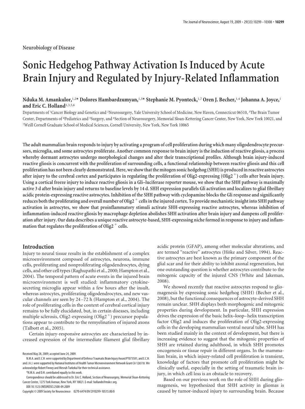 Sonic Hedgehog Pathway Activation Is Induced by Acute Brain Injury and Regulated by Injury-Related Inflammation