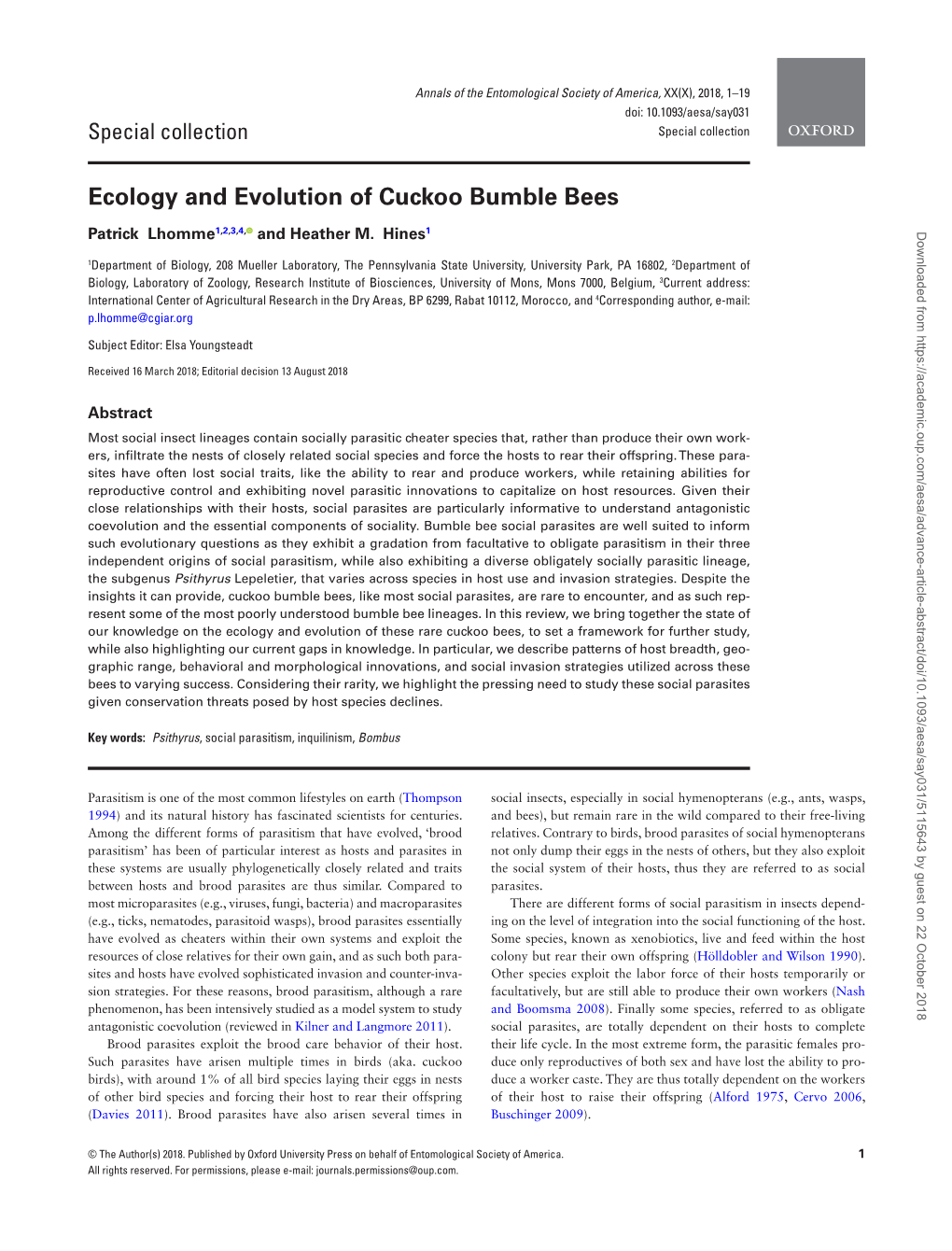 Ecology and Evolution of Cuckoo Bumble Bees