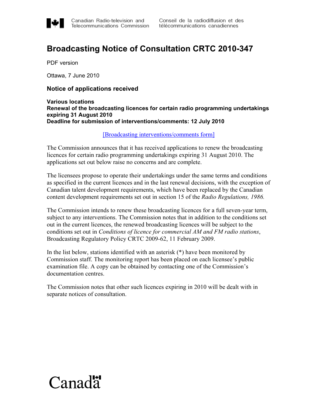 Broadcasting Notice of Consultation CRTC 2010-347