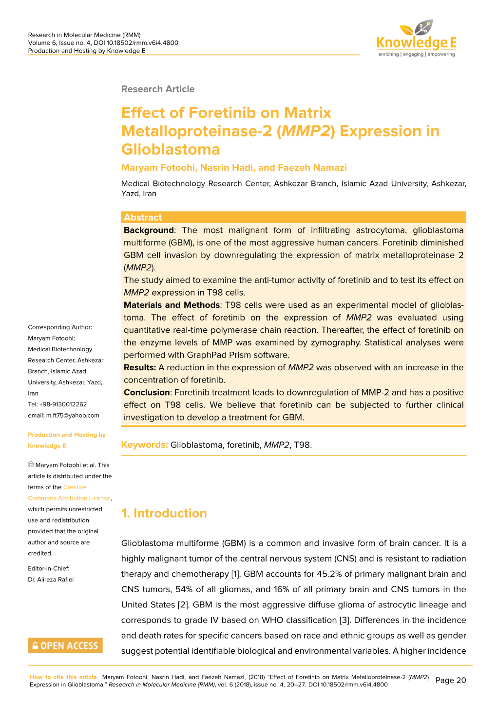 Effect of Foretinib on Matrix Metalloproteinase-2 (MMP2) Page 20 Expression in Glioblastoma,” Research in Molecular Medicine (RMM), Vol