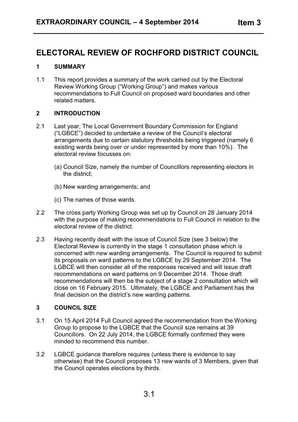 Item 3 Report; Electoral Review of Rochford District Council