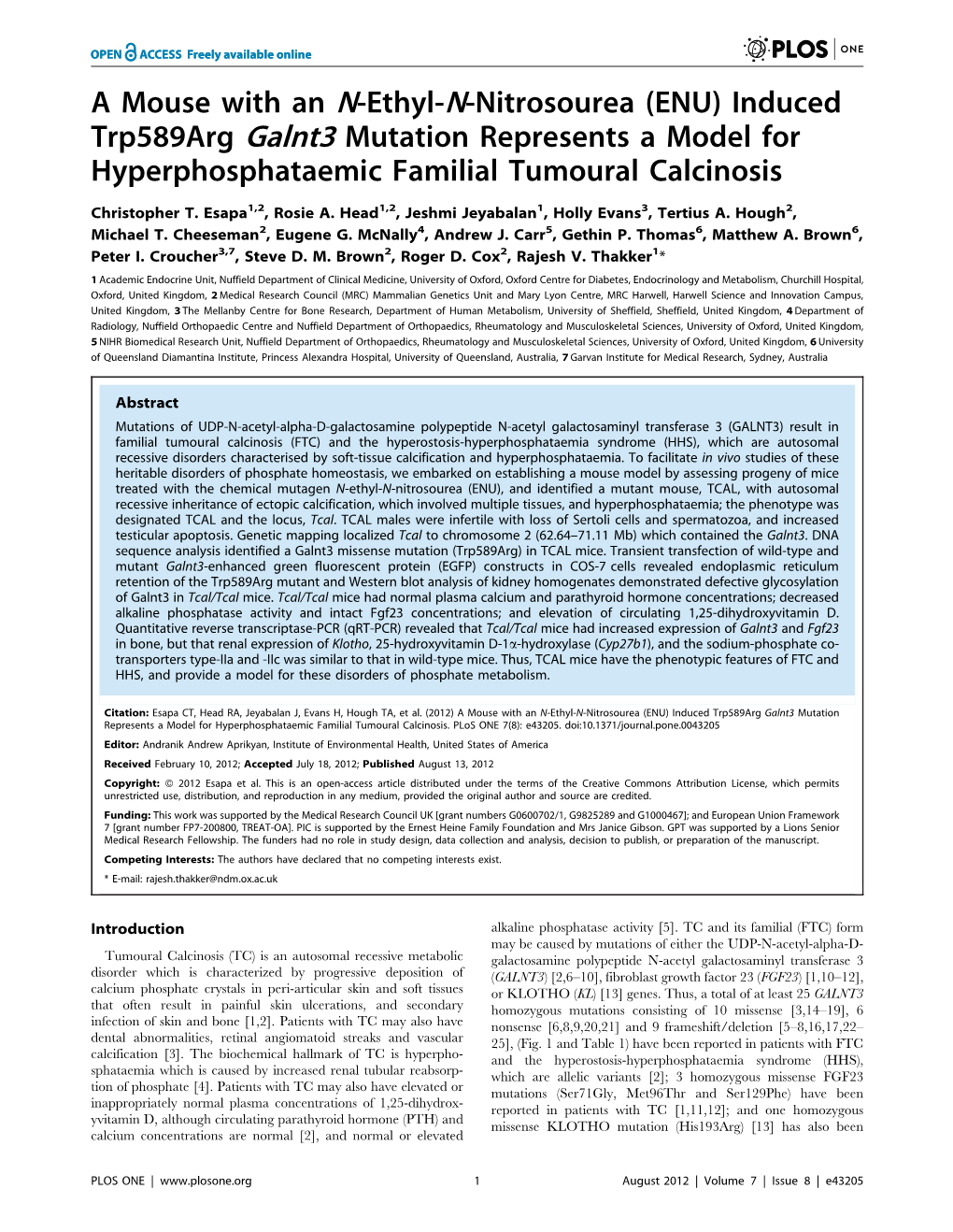 Induced Trp589arg Galnt3 Mutation Represents a Model for Hyperphosphataemic Familial Tumoural Calcinosis