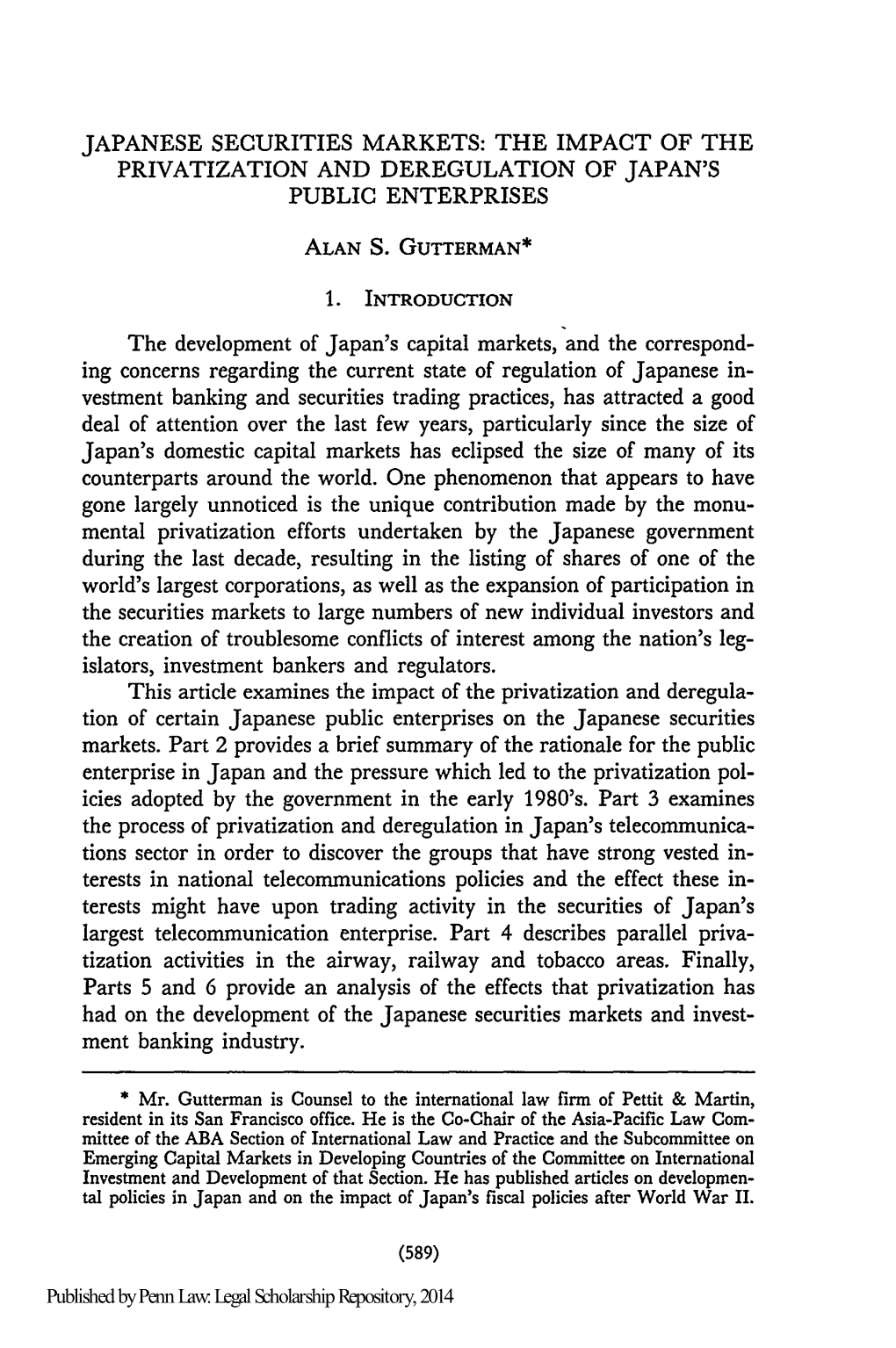 Japanese Securities Markets: the Impact of the Privatization and Deregulation of Japan's Public Enterprises