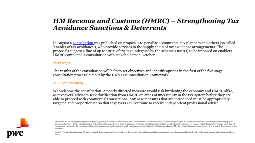 HM Revenue and Customs (HMRC) – Strengthening Tax Avoidance Sanctions & Deterrents