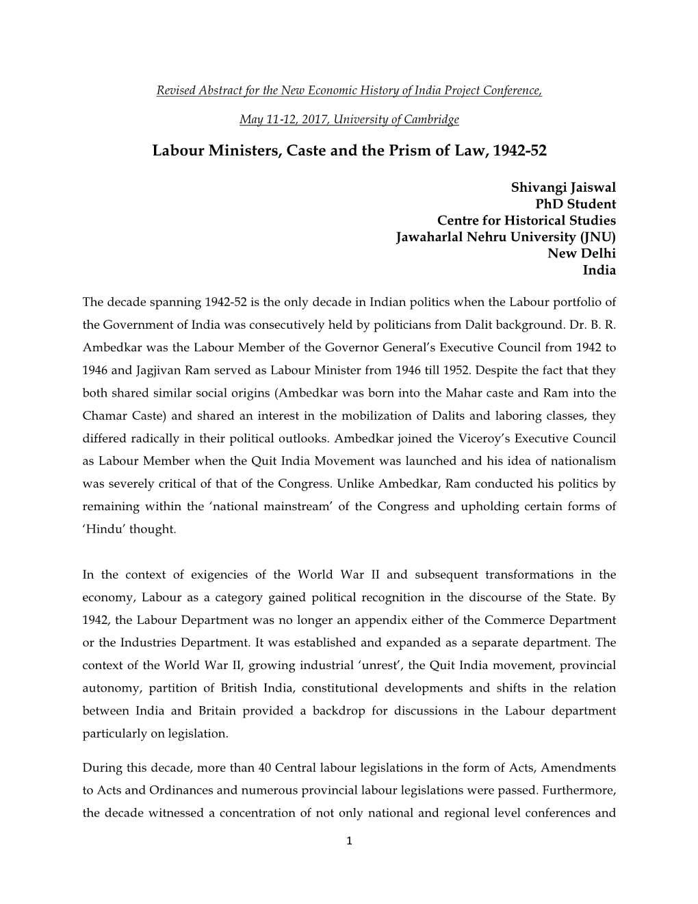 Labour Ministers, Caste and the Prism of Law, 1942-52