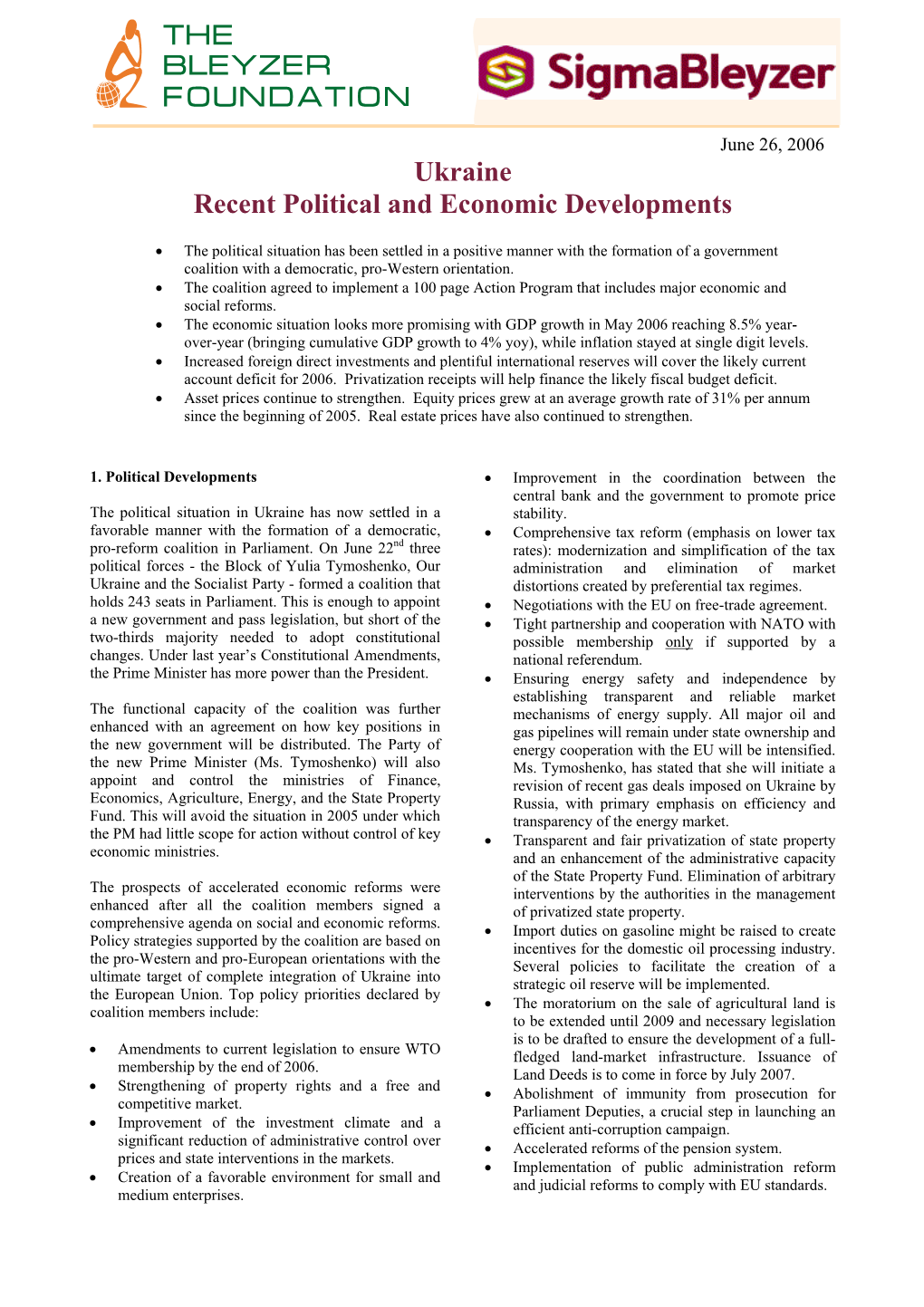 Ukraine Recent Political and Economic Developments
