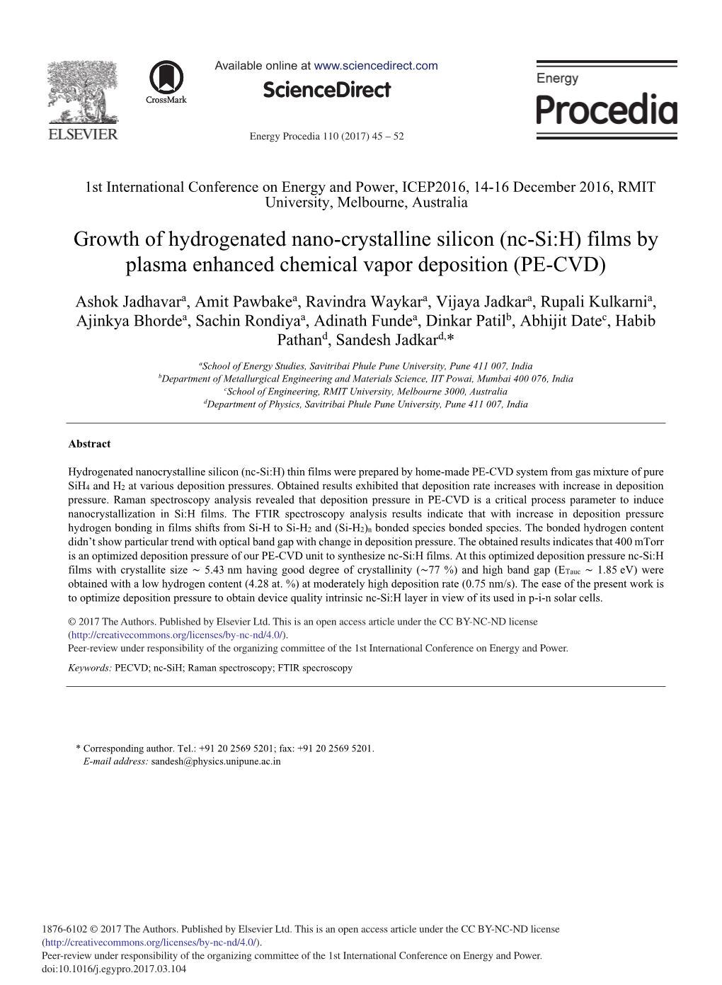 Nc-Si:H) Films by Plasma Enhanced Chemical Vapor Deposition (PE-CVD)